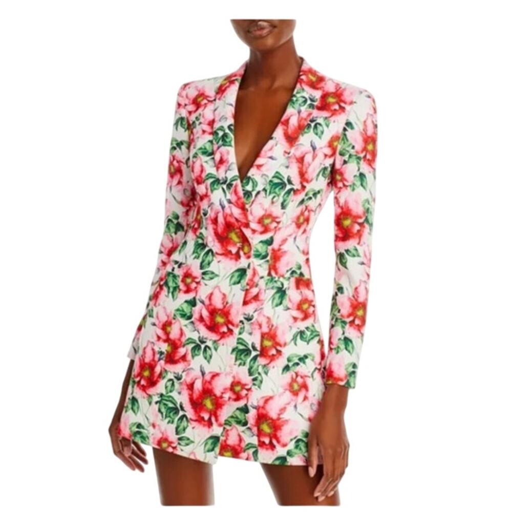Alice +‎ Olivia Floral Plunge V-Neck Mini Dress Blazer Pink White Green Size 4